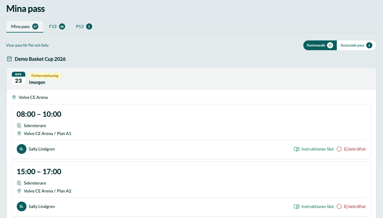 Skärmbild: mina lag i CupCrew.